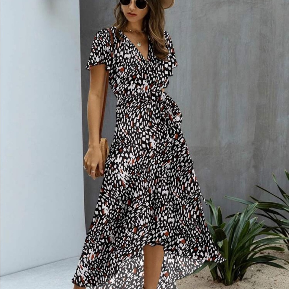 SHEIN Black and White High Low Wrap Dress with Tan Accents